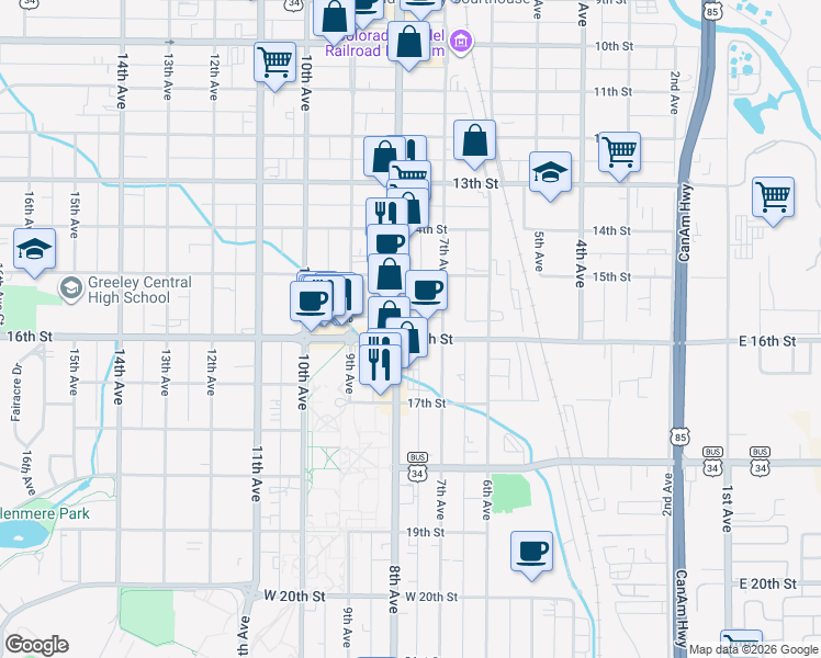map of restaurants, bars, coffee shops, grocery stores, and more near 1535 U.S. 85 Business in Greeley