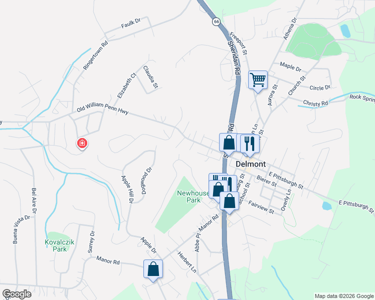 map of restaurants, bars, coffee shops, grocery stores, and more near 155a West Pittsburgh Street in Delmont