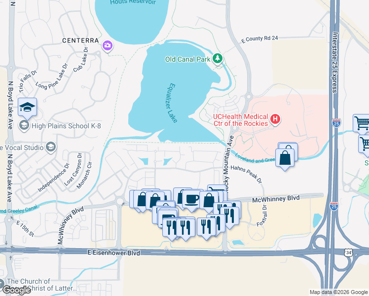 map of restaurants, bars, coffee shops, grocery stores, and more near 4925 Hahns Peak Drive in Loveland