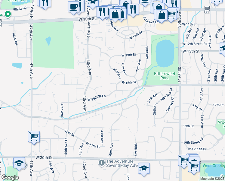 map of restaurants, bars, coffee shops, grocery stores, and more near 4126 15th Street in Greeley