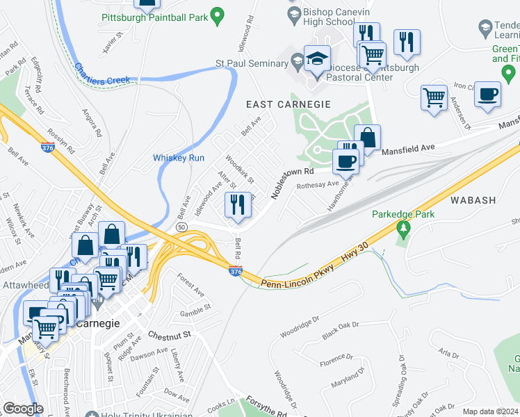 map of restaurants, bars, coffee shops, grocery stores, and more near 507 Noblestown Road in Carnegie