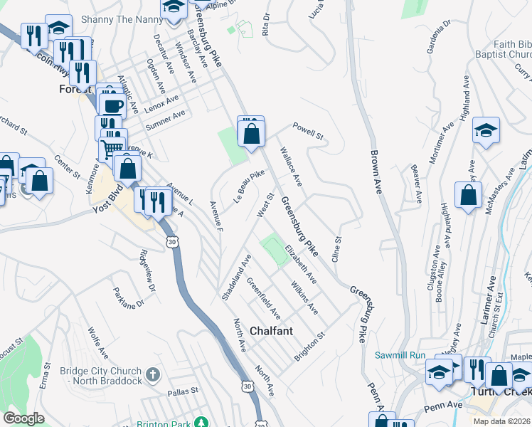 map of restaurants, bars, coffee shops, grocery stores, and more near 312 West Street in East Pittsburgh