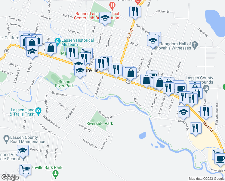 map of restaurants, bars, coffee shops, grocery stores, and more near 95 1/2 Ash Street in Susanville