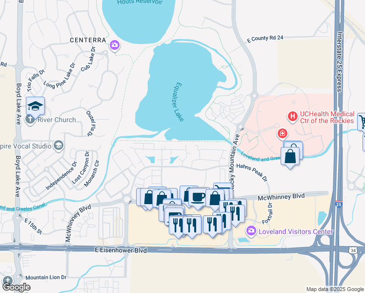 map of restaurants, bars, coffee shops, grocery stores, and more near 4865 Hahns Peak Drive in Loveland