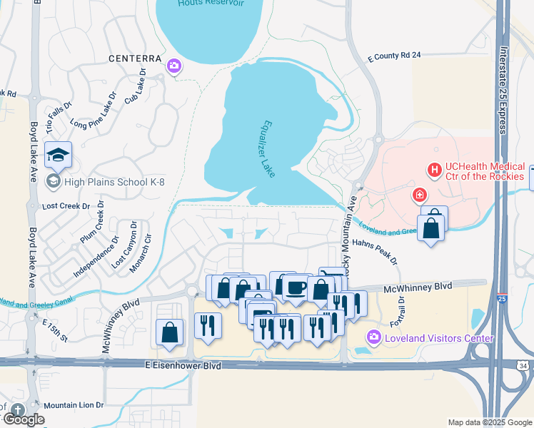 map of restaurants, bars, coffee shops, grocery stores, and more near 4895 Hahns Peak Drive in Loveland