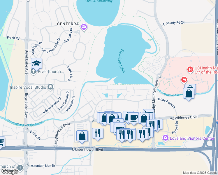 map of restaurants, bars, coffee shops, grocery stores, and more near 4695 Hahns Peak Drive in Loveland