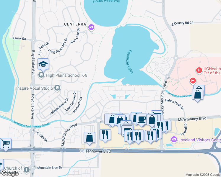 map of restaurants, bars, coffee shops, grocery stores, and more near 4695 Hahns Peak Drive in Loveland