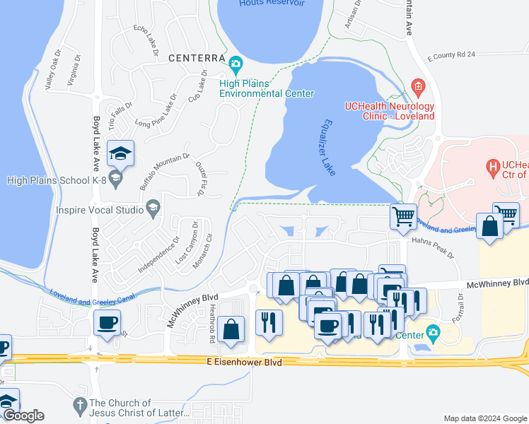 map of restaurants, bars, coffee shops, grocery stores, and more near 4655 Hahns Peak Drive in Loveland