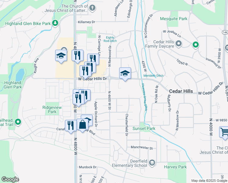 map of restaurants, bars, coffee shops, grocery stores, and more near 10026 North 4600 West Street in Cedar Hills
