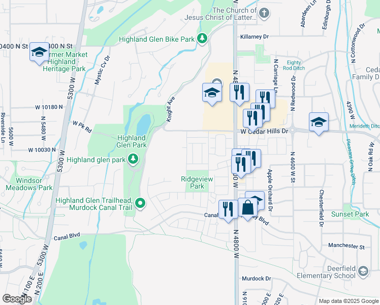 map of restaurants, bars, coffee shops, grocery stores, and more near Cedar Hills Drive in Highland