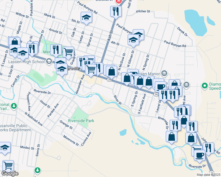 map of restaurants, bars, coffee shops, grocery stores, and more near 1850 Main Street in Susanville
