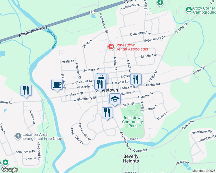 map of restaurants, bars, coffee shops, grocery stores, and more near 21 East Martin Street in Jonestown