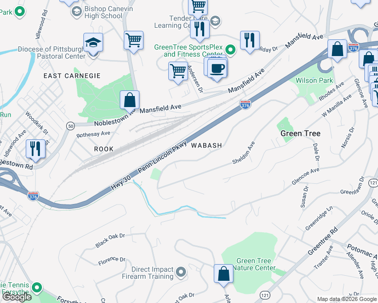 map of restaurants, bars, coffee shops, grocery stores, and more near 109 Penfield Place in Green Tree