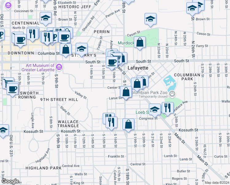 map of restaurants, bars, coffee shops, grocery stores, and more near 1601 Center Street in Lafayette