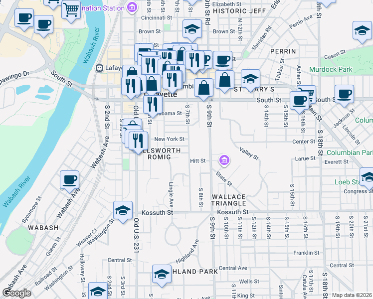 map of restaurants, bars, coffee shops, grocery stores, and more near 633 New York Street in Lafayette