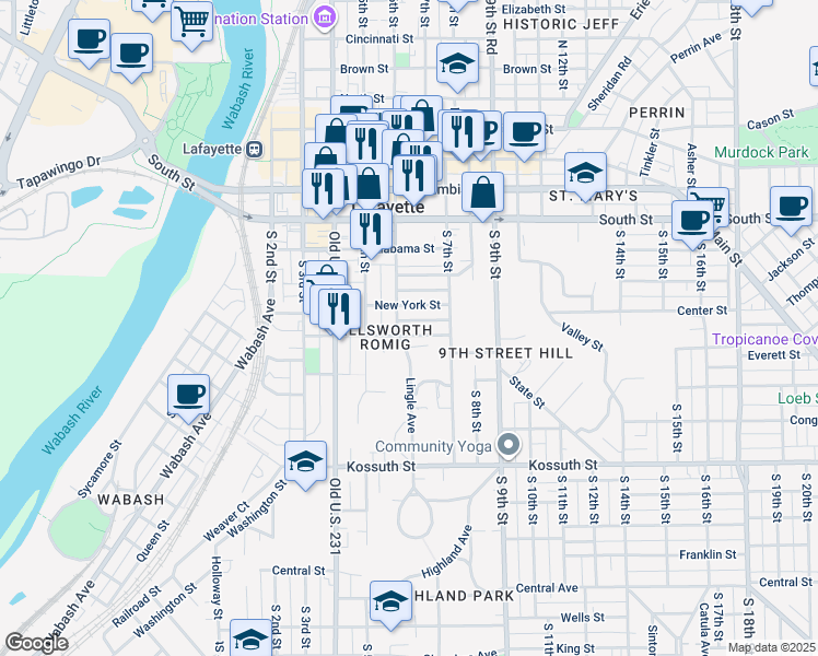 map of restaurants, bars, coffee shops, grocery stores, and more near in Lafayette
