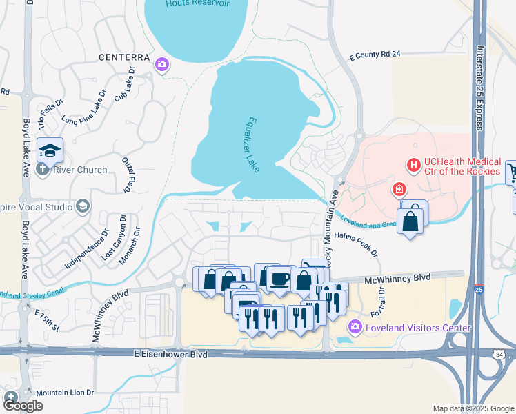 map of restaurants, bars, coffee shops, grocery stores, and more near 4915 Hahns Peak Drive in Loveland