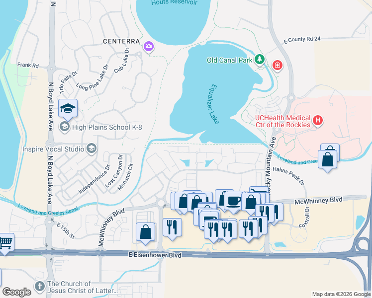 map of restaurants, bars, coffee shops, grocery stores, and more near 4695 Hahns Peak Drive in Loveland