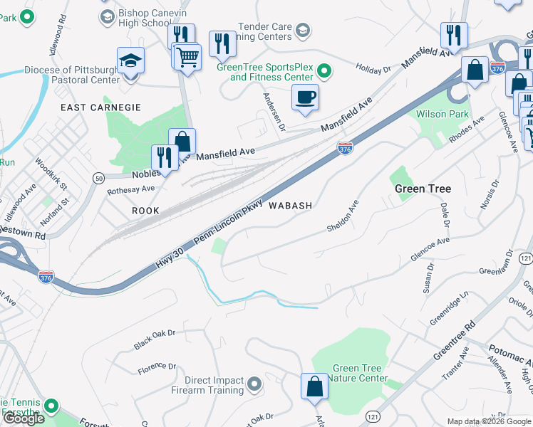 map of restaurants, bars, coffee shops, grocery stores, and more near 109 Penfield Place in Green Tree