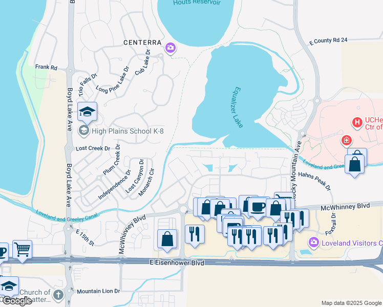 map of restaurants, bars, coffee shops, grocery stores, and more near 4655 Hahns Peak Drive in Loveland