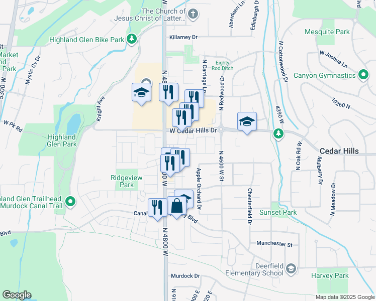 map of restaurants, bars, coffee shops, grocery stores, and more near 4696 Camellia Lane in Cedar Hills