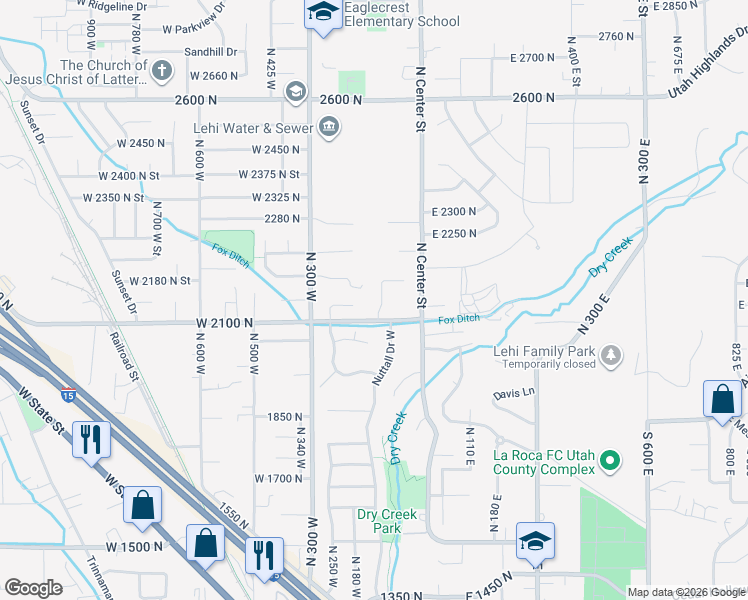 map of restaurants, bars, coffee shops, grocery stores, and more near 2139 North Banbury Court in Lehi