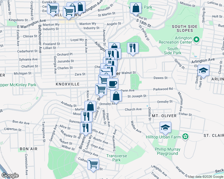 map of restaurants, bars, coffee shops, grocery stores, and more near in Mount Oliver