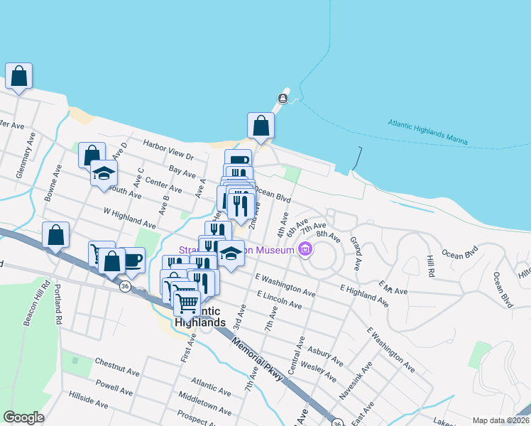 map of restaurants, bars, coffee shops, grocery stores, and more near 6 3rd Avenue in Atlantic Highlands