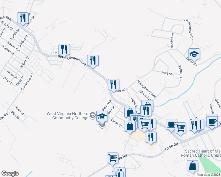 map of restaurants, bars, coffee shops, grocery stores, and more near 59 Culler Road in Weirton