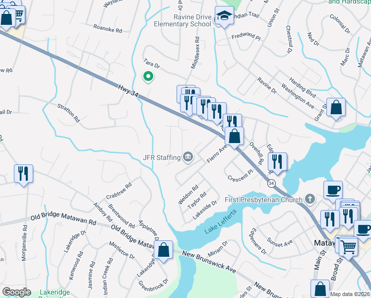 map of restaurants, bars, coffee shops, grocery stores, and more near 102 Lexington Circle in Matawan