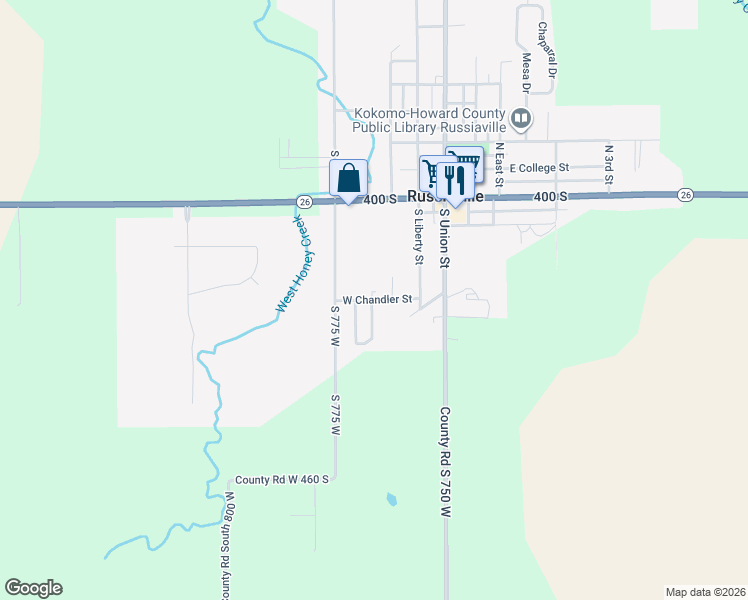 map of restaurants, bars, coffee shops, grocery stores, and more near 380 West Chandler Street in Russiaville