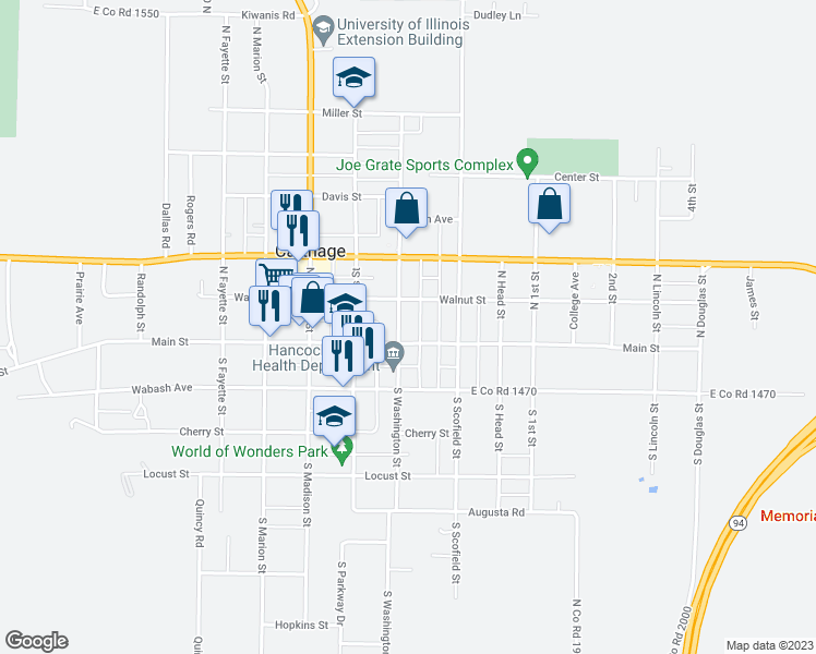 map of restaurants, bars, coffee shops, grocery stores, and more near 709 Main Street in Carthage