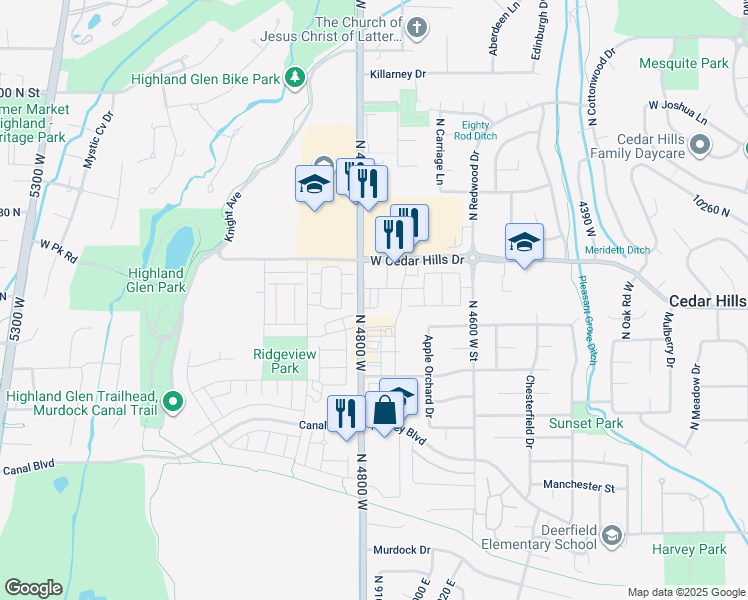 map of restaurants, bars, coffee shops, grocery stores, and more near 10022 North 4800 West in Highland