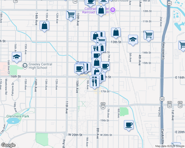 map of restaurants, bars, coffee shops, grocery stores, and more near 819 16th Street in Greeley