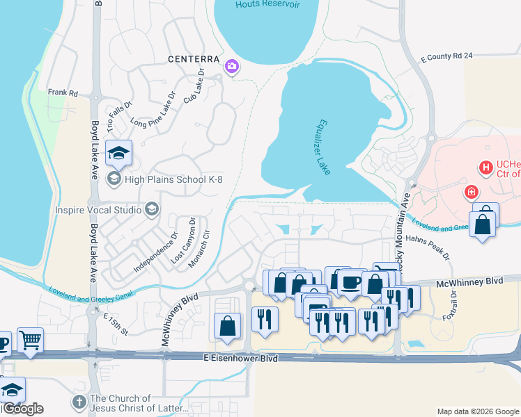 map of restaurants, bars, coffee shops, grocery stores, and more near 4655 Hahns Peak Drive in Loveland