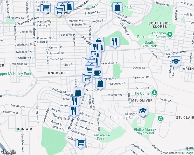 map of restaurants, bars, coffee shops, grocery stores, and more near in Mount Oliver