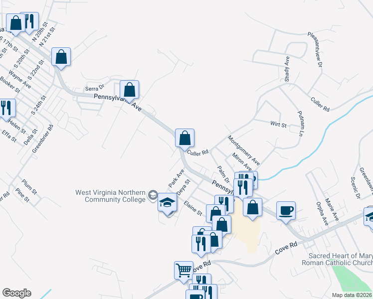map of restaurants, bars, coffee shops, grocery stores, and more near 59 Culler Road in Weirton