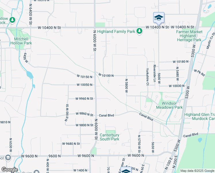 map of restaurants, bars, coffee shops, grocery stores, and more near 10045 North Vineyard Court in Highland
