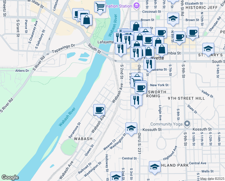 map of restaurants, bars, coffee shops, grocery stores, and more near 102 Walnut St in Lafayette