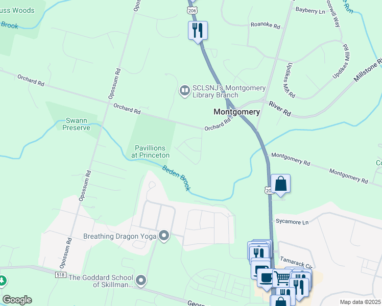 map of restaurants, bars, coffee shops, grocery stores, and more near 19 Cortland Place in Montgomery