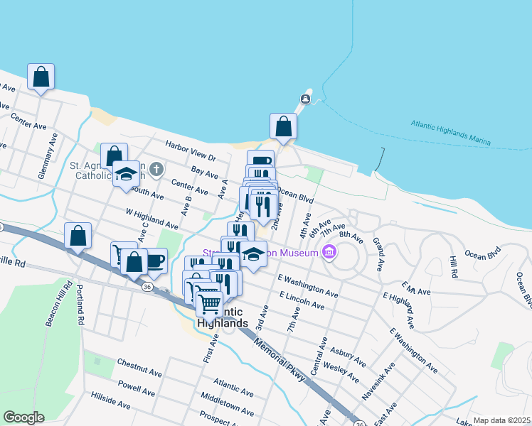 map of restaurants, bars, coffee shops, grocery stores, and more near 60 First Avenue in Atlantic Highlands
