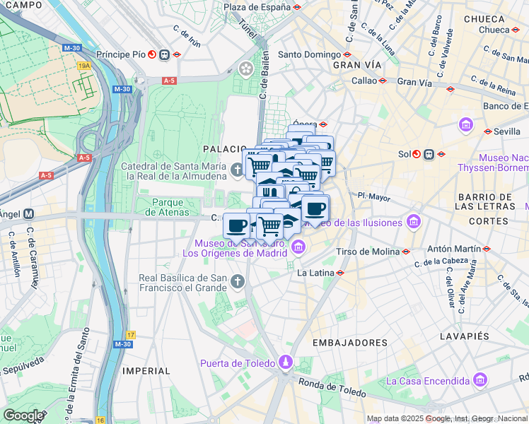 map of restaurants, bars, coffee shops, grocery stores, and more near 9 Calle Pretil de los Consejos in Madrid