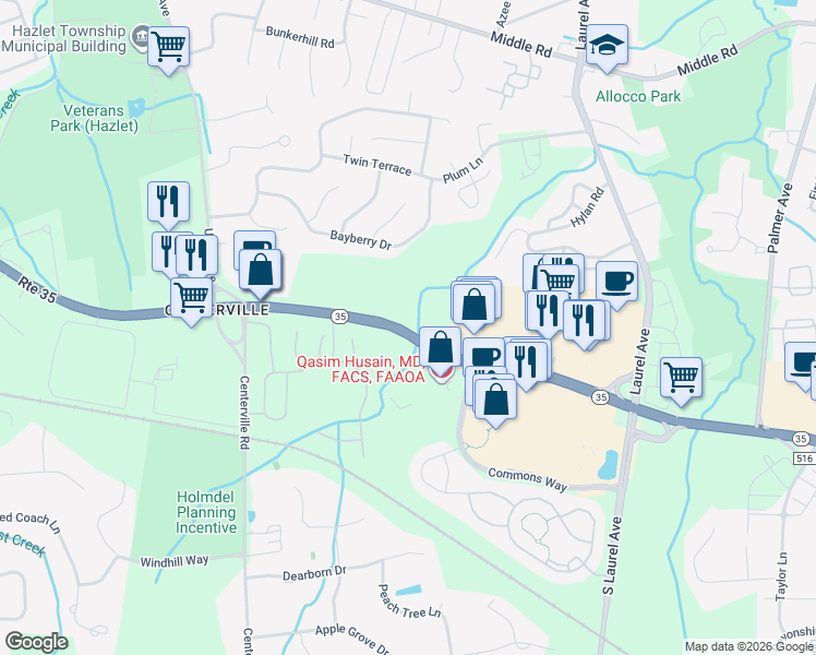 map of restaurants, bars, coffee shops, grocery stores, and more near 2121 New Jersey 35 in Holmdel