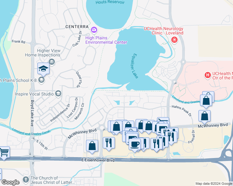 map of restaurants, bars, coffee shops, grocery stores, and more near 4695 Hahns Peak Drive in Loveland