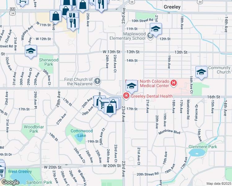 map of restaurants, bars, coffee shops, grocery stores, and more near in Greeley
