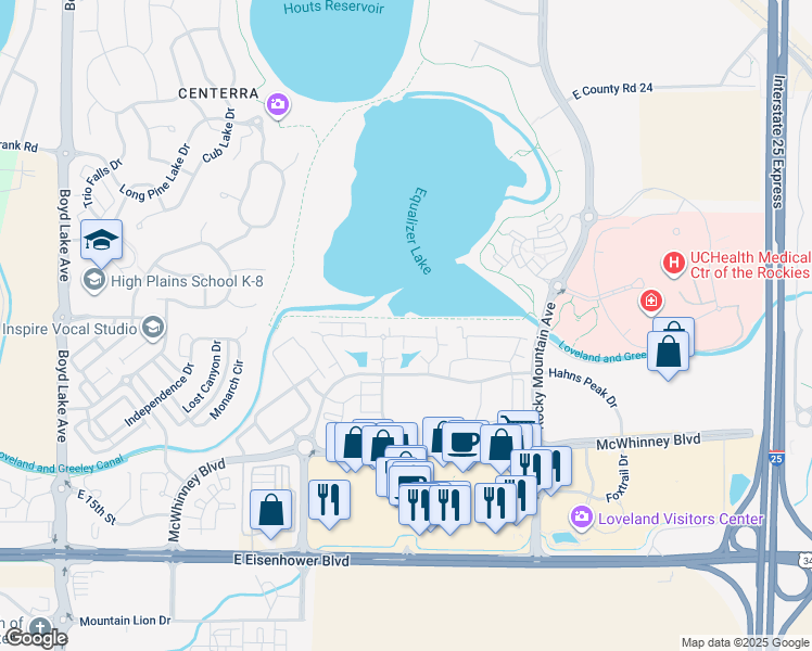 map of restaurants, bars, coffee shops, grocery stores, and more near 4895 Hahns Peak Drive in Loveland