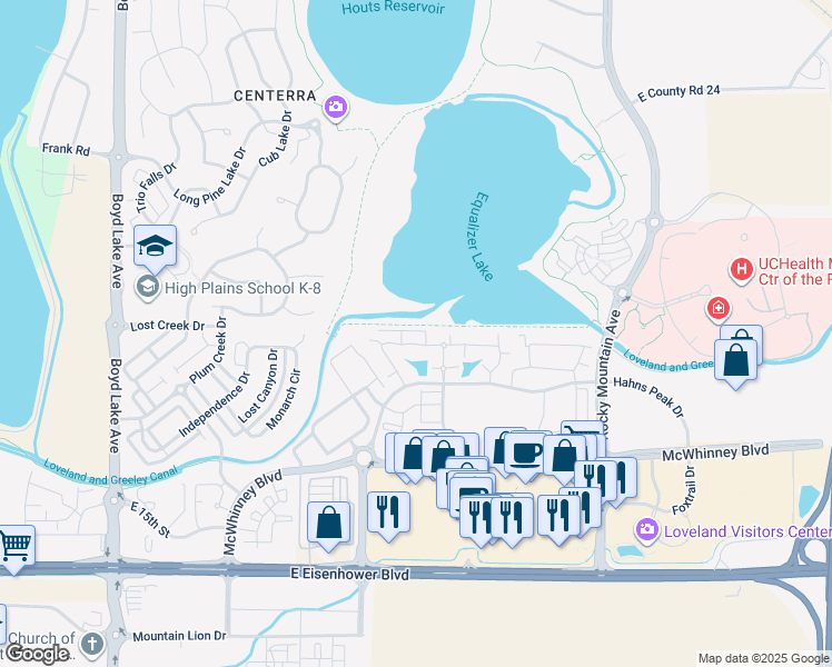 map of restaurants, bars, coffee shops, grocery stores, and more near 4695 Hahns Peak Drive in Loveland