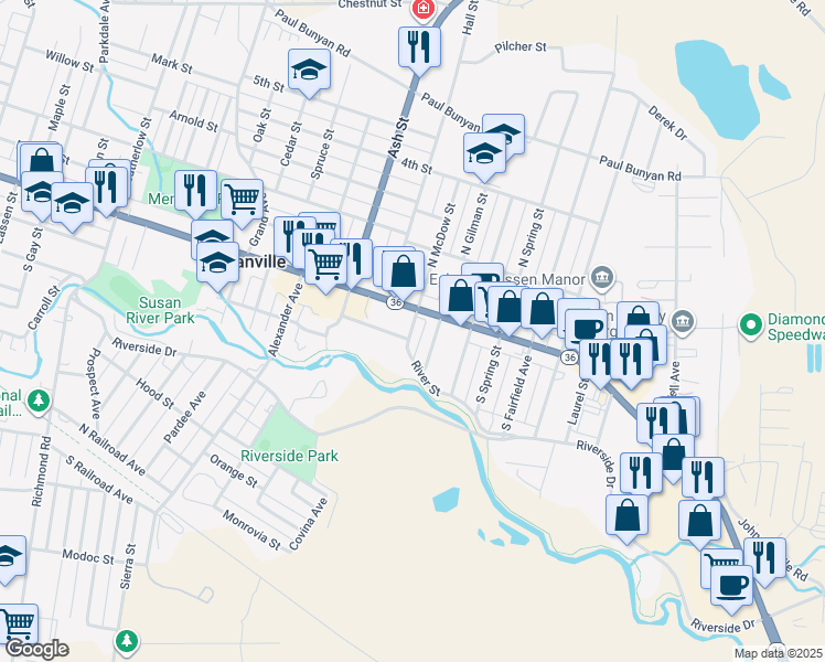 map of restaurants, bars, coffee shops, grocery stores, and more near 1850 Main Street in Susanville