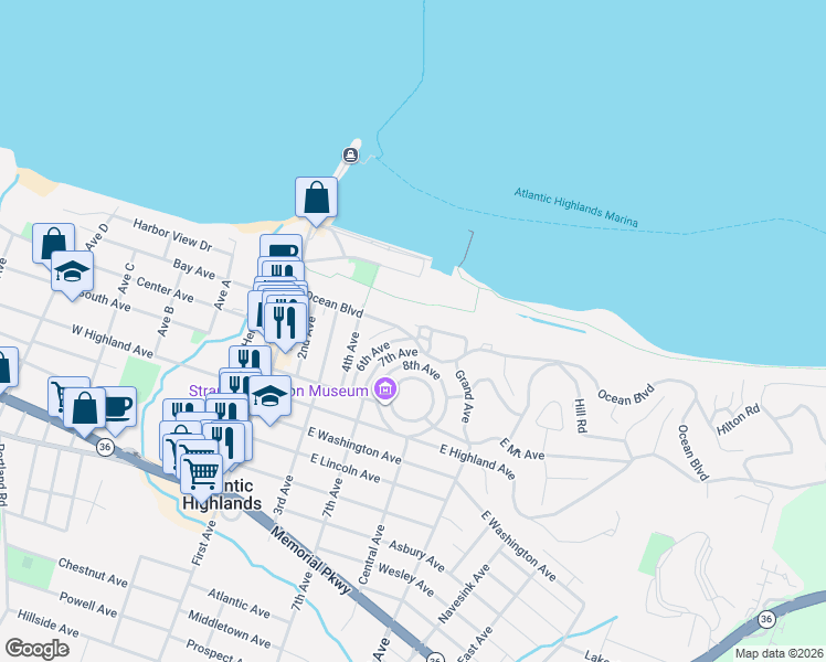 map of restaurants, bars, coffee shops, grocery stores, and more near 20 Highland Place in Atlantic Highlands