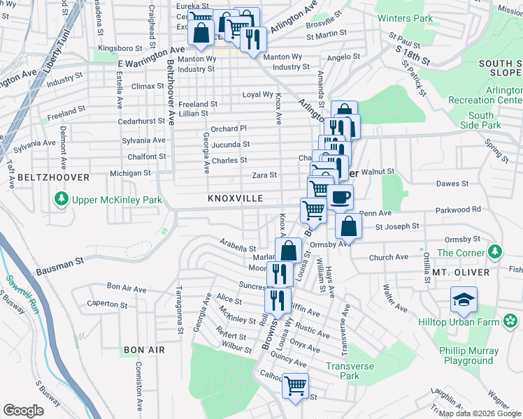 map of restaurants, bars, coffee shops, grocery stores, and more near 259 Bausman Street in Pittsburgh